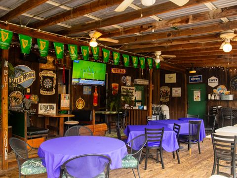 Covered patio with TVs at Bar South